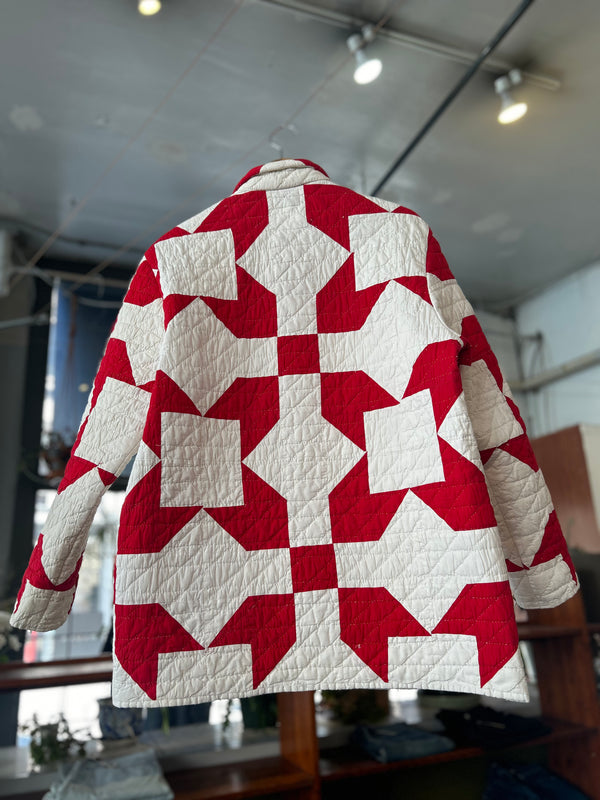 Vintage Quilt Chore Jacket - Red and White Patchwork - Large