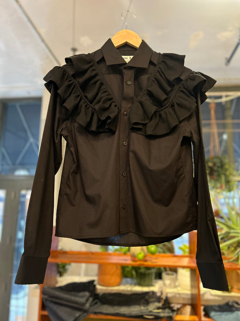 Reworked Vintage Ruffle Shirt - Black