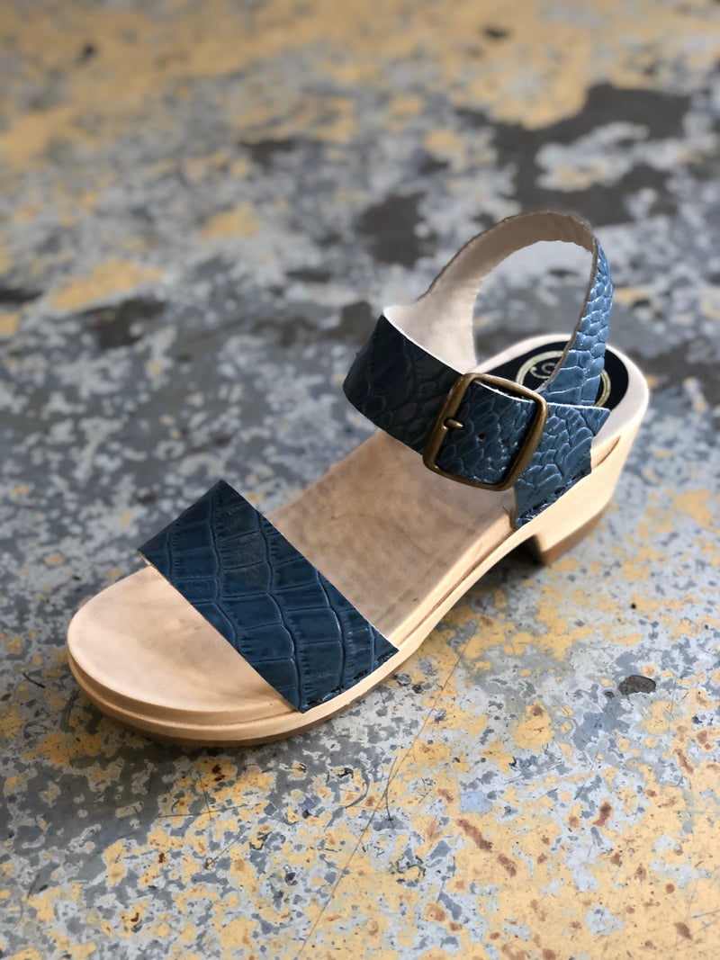 Two Strap Clog on Mid Heel - Blue Croc