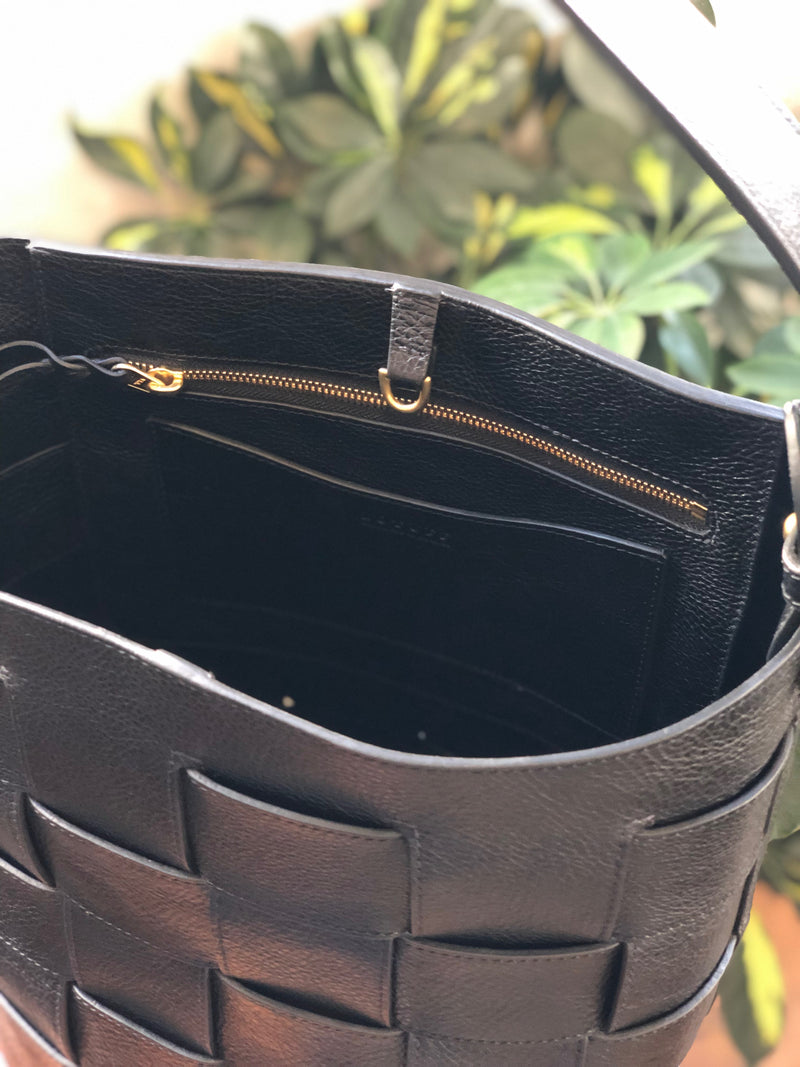 Woven Leather Bucket Shoulder Bag - Black