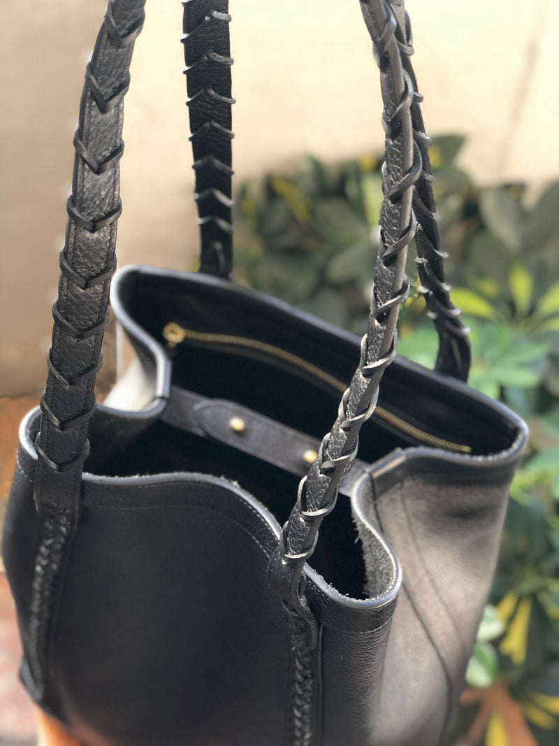 Braided Leather Angle Tote - Black